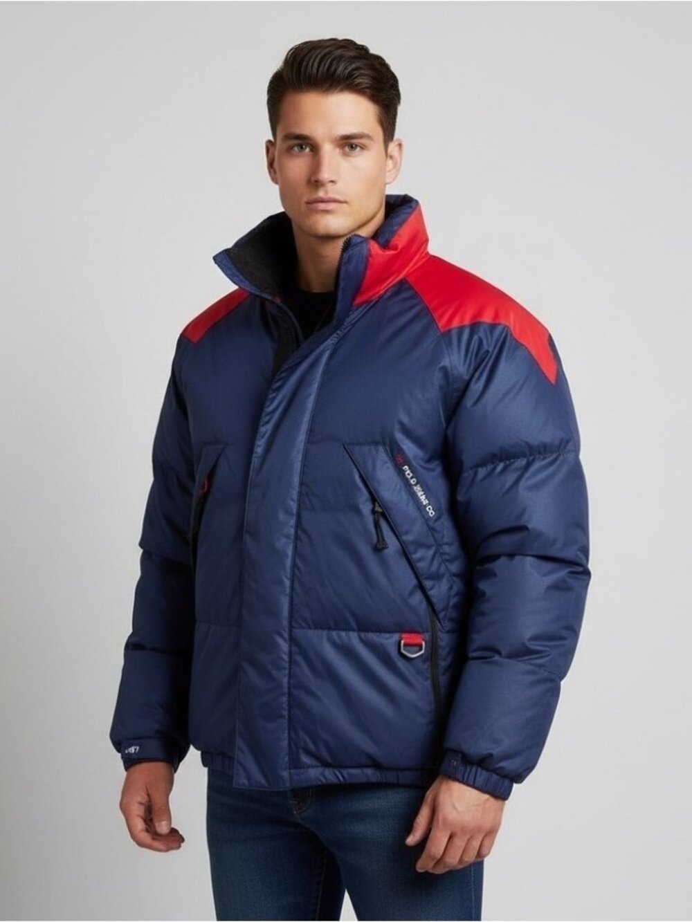 Vintage 90s Polo Ralph Lauren Blue Red Down Puffer Coat - Large